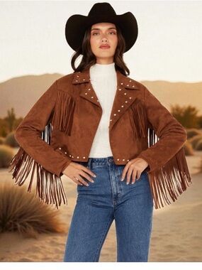 Cropped Reserved Fairfax Brown Fringe Suede-like Jacket with Stud Detailing
